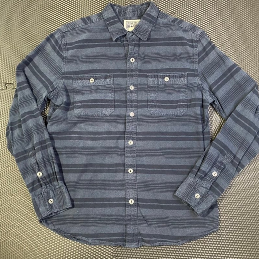 Converse One Star Flannel Shirt Mens Medium Navy Blue Striped // Long Sleeve